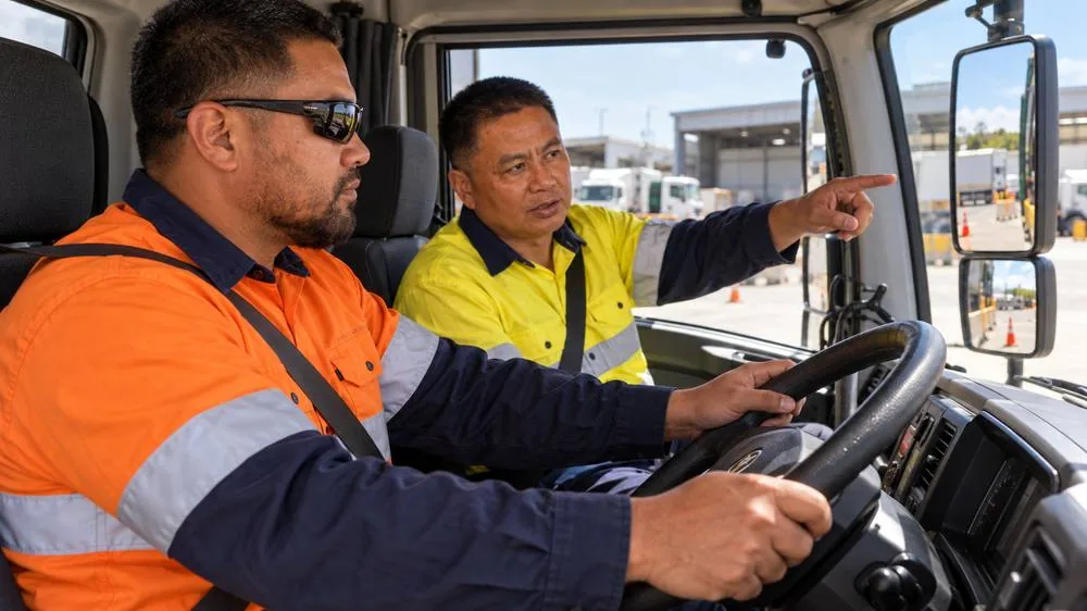 Tommy coaching a student driver in a truck cab